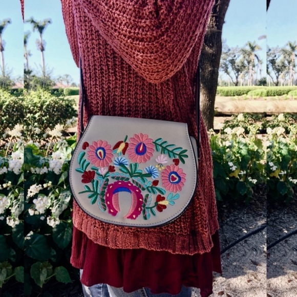 TAN Flower Embroidered Flap Crossbody Bag - Picture 3 of 6